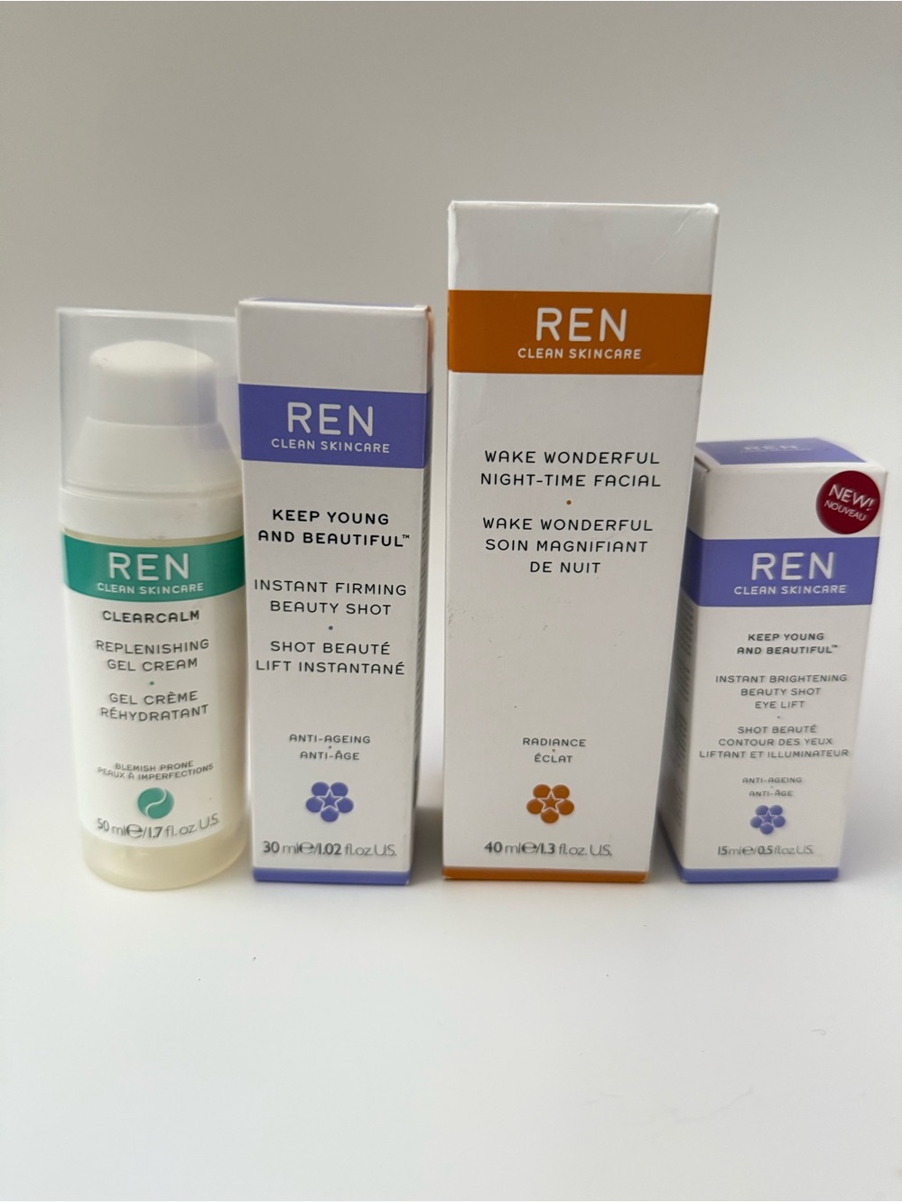 Ren Skincare 4 Full-size Set Wake Wonderful,Clear Calm,Firming & Bright Shot NEW